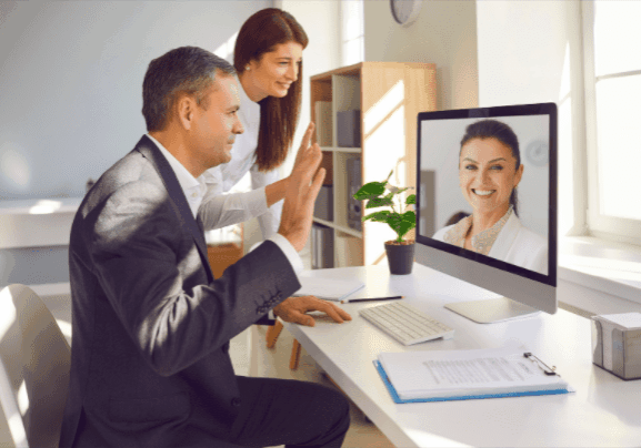 Video call with colleagues in office.